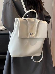 New Stylish Silver <b>Large</b>-Capacity Commuting <b>Backpack</b> for <b>Women</b> Versatile PU Material Polyester Lining Soft Handle Button Closure - Product Image 6