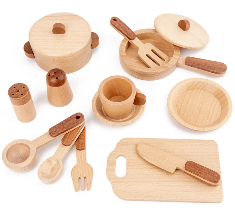 공장 도매 고품질 너도밤 나무 작은 주방 용품 소녀 요리 도구 어린이 단단한 나무 놀이 주방 장난감