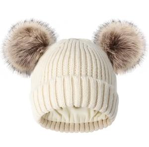 女性分厚いニットビーニー付きダブルポンポン耳 - Product Image 1