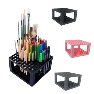 色鉛筆ブラシとマーカー画材用の96穴ピンクプラスチックブラシホルダーデスクスタンドオーガナイザー