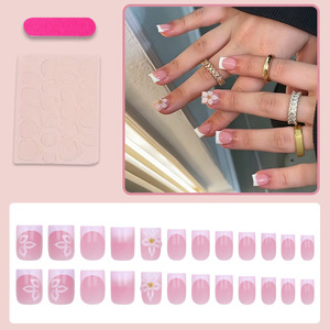 24 <span class=keywords><strong>Uñas</strong></span> Postizas Cuadradas Medianas Color Rosa Nude con Diseño Francés y Flores 3D <span class=keywords><strong>para</strong></span> Mujer, Uso Diario y Fiestas - Product Image 3