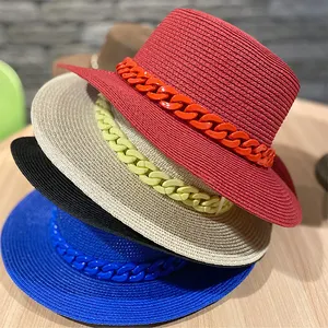 Bob de paille pour femmes, chapeau de soleil plat, Style Panama, avec chaîne en acrylique, nouveauté été