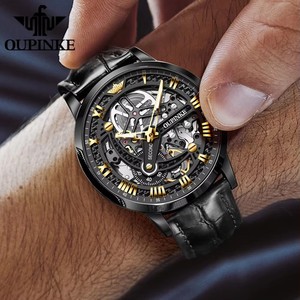 OUPINKE 3173 Original Leather Strap <b>Automatic</b> Hollow Mechanical Wristwatch for Men <b>Chronograph</b> Luxury Brand Men's Watches - Product Image 5