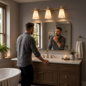 Modern Farmhouse Brass Wall Sconce 3 Light Alabaster Vanity Lamp Rectangle Indoor Bathroom Decor Fixture - Product Image 1