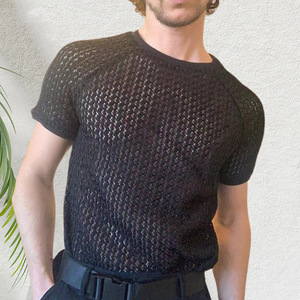 Camiseta de Punto Calado para Hombre, Manga Corta, Cuello Redondo, Color Sólido Blanco y Negro, Ropa Casual de Verano, Moda Juvenil, Tallas MLXLXXL - Product Image 4
