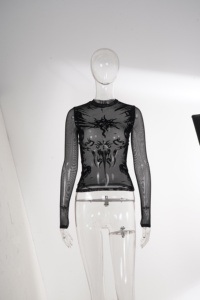 Women <b>Black</b> Sheer Mesh <b>Long</b> Sleeve <b>Top</b> Tribal Print Slim Fit Crew Neck Stretch <b>Top</b> Gothic Streetwear Sexy See Through <b>Top</b> - Product Image 6