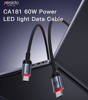 Yesido CA181 kabel Data lampu LED, kabel Data daya kepang 48 untai tipe-c ke pengisian cepat 1.2M PD 60W