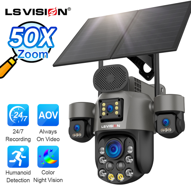 LS VISION 4K 50X Zoom 4G Solar PTZ Camera 4 Lens Wide-Angle AOV Security Camera with AI Human Detection and Cloud Storage