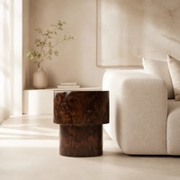Table d'appoint de luxe en bois de burl à plusieurs niveaux, table d'appoint sculpturale rustique contemporaine