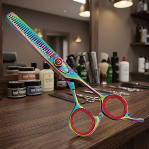 Ciseaux à cheveux Rainbow à 28 dents, à pointe arrondie, en acier inoxydable, à long manche, pour droitiers, ciseaux de barbier professionnels - Product Image 3