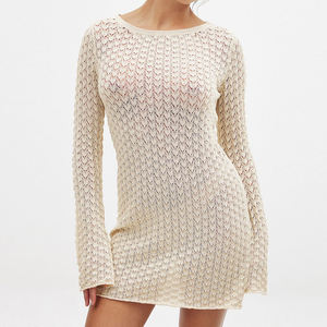 Robe pull en mousseline de soie tissée mini pour femmes de haute qualité OEM, manches évasées en dentelle, col bateau, vêtements de boutique personnalisés - Product Image 2