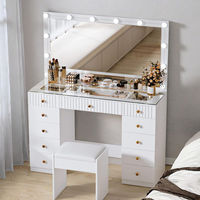 Coiffeuse blanche en gros avec miroir à ampoule au mercure et finition PVC brillante, tiroirs à poignées dorées, table de maquillage pour l'exportation