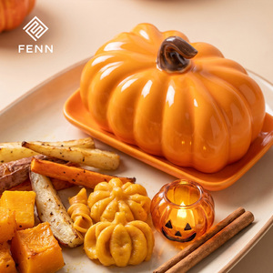 FENN Plat à beurre en céramique en forme de citrouille avec couvercle, plateau festonné, pot à beurre, décoration de cuisine automne/hiver, <span class=keywords><strong>vaisselle</strong></span> de Thanksgiving - Product Image 2