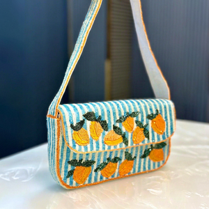Bolso Rectangular Lavable de Poliéster Bordado a Mano ALI FASHION ART con Diseño de Rayas Azules y Frutas Naranjas, Artesanía Textil - Product Image 1