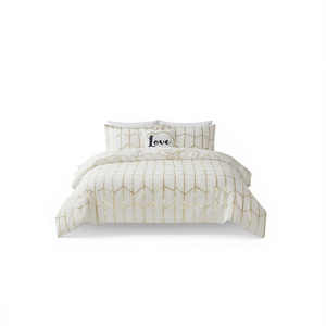 Ensemble de couette imprimé métallique 4 pièces, design géométrique moderne, literie, décoration intérieure, motif blanc et or, 100% polyester, lavable en machine - Product Image 1