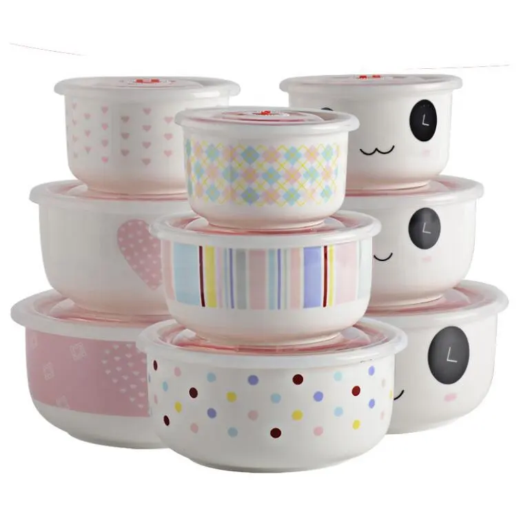 YCB0514-Sets de 3 pièces de vaisselle en porcelaine décalque en céramique fraîche bol avec couvercle pour micro-ondes