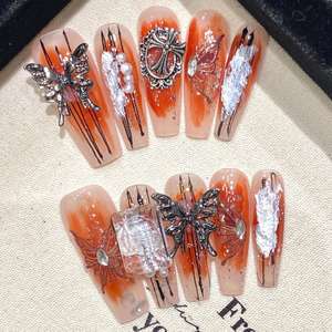 <span class=keywords><strong>Uñas</strong></span> <span class=keywords><strong>Postizas</strong></span> Hechas a Mano de Alta Calidad, Forma de Ataúd Larga, Color Rojo, Flores Pequeñas Pintadas a Mano, Reutilizables, Venta al Por Mayor de Fábrica - Product Image 1