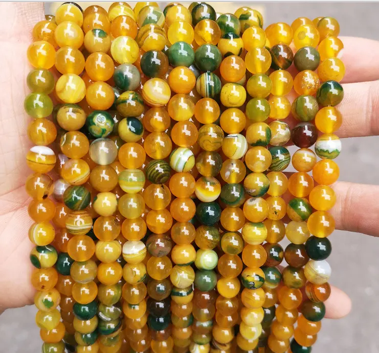 Loose Gemstone Beads 10MM Faceted Round Dyed Yellow and Green Banded agate Stone Beads for DIY Jewelry Making
