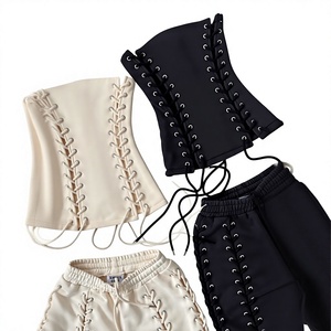Women's Strapless Lace-Up Ribbed Crop Top and <b>High</b> Waist Skinny Trouser Set Sexy Club Matching Two Piece Outfit - Product Image 6