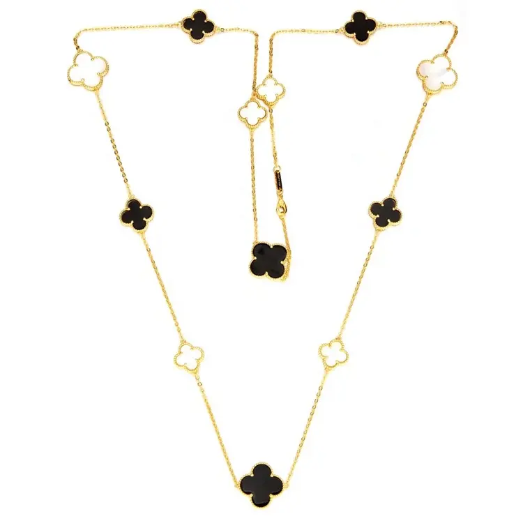 Stainless Steel Gold Plated Long Necklace Jewelry White And Black Four Leaf Clover Necklace