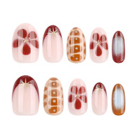 Ongles à presser Meh-Style motif floral d'automne, œil de chat à carreaux, étoile métallique, rouge bordeaux, French Gentle Almond, faits main, en matériau ABS