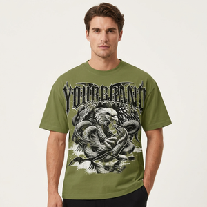 T-shirt Homme Votre Marque Vert Imprimé Aigle Serpent Col Rond Manches Courtes Décontracté Coupe Ample 100% Coton Respirant Logo Avant - Product Image 1