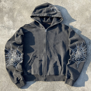 Wholesale Black Streetwear Zipper <b>Hoodie</b> Oversized French Terry Acid Wash <b>Hoodie</b> Distressed Rhinestone <b>Zip</b> Up <b>Hoodie</b> For Men - Product Image 1