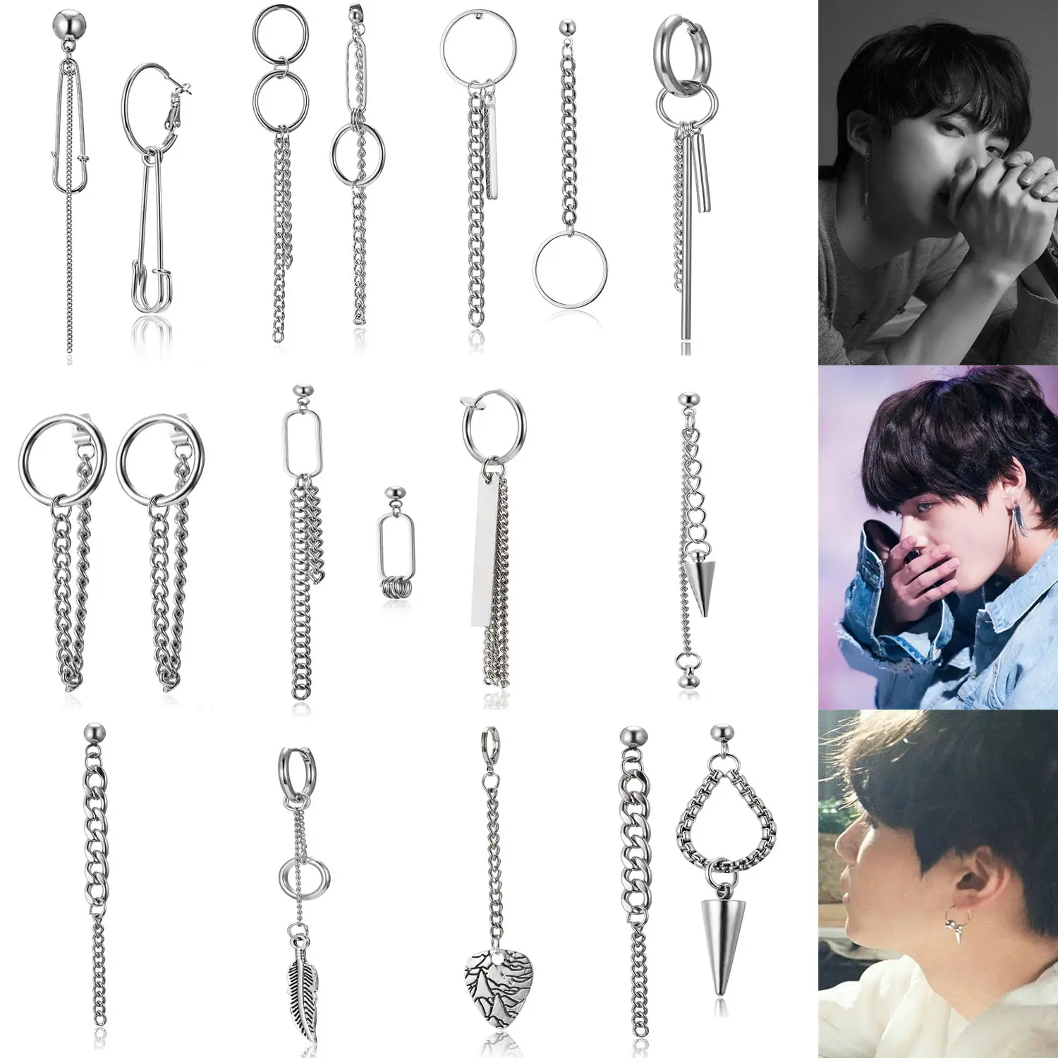 Punk Chic Korean Fashion Bangtan Hoop Chain Rivet Tassels Stud Men Earrings For Boys Girls