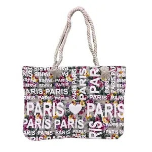 Custom logo city name printed canvas tote beach bag france paris souvenir bag