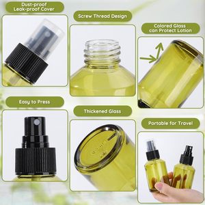 Flacon en verre givré vert de luxe 15g-100ml à épaule oblique avec bouchon à vis et pompe pulvérisatrice pour sérum et crème visage, sérigraphié - Product Image 2