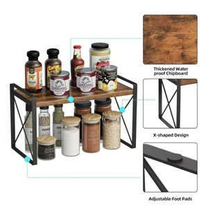 Wooden Double Layer <b>Storage</b> Rack Iron Frame Rectangle <b>Kitchen</b> Spice Organizer Standing Type Multifunctional Shelf <b>Unit</b> - Product Image 2