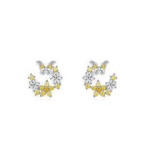 Pendientes de Plata de Ley S925 con Circonita Amarilla de Corte Redondo, Diseño de Flor y Mariposa, Versión en Cobre Personalizable - Exclusivo para Mujeres - Product Image 1