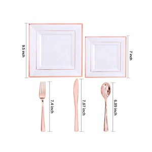 Assiettes à dîner de mariage jetables en plastique à bordure carrée blanche et or Rose, ensembles de fête en plastique argenté ensembles de couverts - Product Image 2