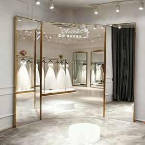 Specchio Trifold a Tre Vie <span class=keywords><strong>Vintage</strong></span> Dorato Rettangolare in Vetro da Parete e da Terra Decorativo con <span class=keywords><strong>Cornice</strong></span> in Lega di Alluminio - Product Image 1