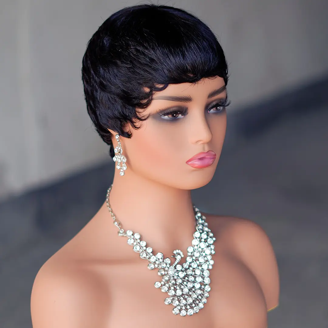 Court Pixie Cut Perruques de Cheveux Humains Court Bob Perruques pour Femmes Noires Fabriqué à la Machine Couleur Naturelle Pas Cher Sans Colle Perruques de Cheveux Humains