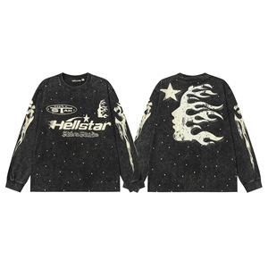 Camiseta de Manga Larga Unisex de Algodón Puro con Estampado Geométrico de Letras de la Marca Hell Star, Estilo Urbano Holgado, Tendencia 26S - Product Image 6