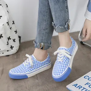 2024 ODM Daily Plaid Women Shoes Wholesale Rubber Breathable Cotton Sneakers Flat Laced Canvas Shoes