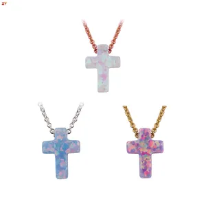 Hot sale 925 silver sterling gold plated chains with cross charms diy jewelry synthetic opal blue cross necklaces