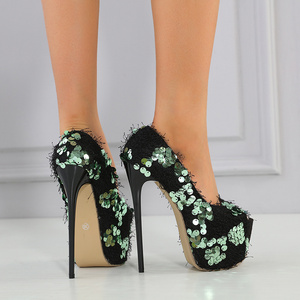 Escarpins Sexy à Talon Haut Plateforme Peep Toe 16CM 2025 à Paillettes Noirs pour Femme – Idéals pour les Soirées en Boîte de Nuit - Product Image 2