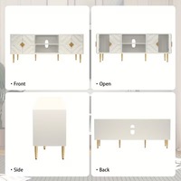 Meuble TV blanc de style Mid-Century Modern avec portes à motifs géométriques et finitions dorées, console multimédia de 60 pouces, logo personnalisé en marque blanche