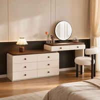 Meuble-lavabo moderne en forme de L avec plateau en noyer |   Miroir LED rond à 6+2 tiroirs et chaise Boucle (bois massif multicouche)