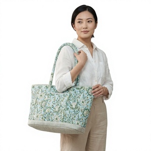 Premium Quilted Cotton Magnetic Closure Tote Bag Handmade Indian Block Print Shoulder <b>Shopper</b> for Daily Use - Product Image 1