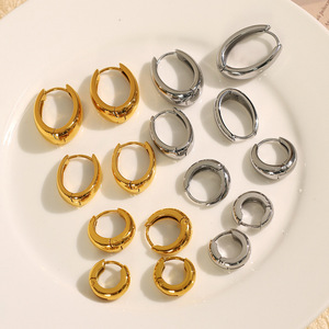 ต่างหูแบบห่วง ไทเทเนียมสตีล ชุบทอง 18K สำหรับทุกเพศ ใส่ได้ทุกวัน ดีไซน์มินิมอล ลายเส้นวงรี รูปทรงตัวยู รูปทรงเรขาคณิต - Product Image 1