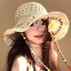 Rainbow Holiday Beaded <b>Straw</b> <b>Hat</b> Wide Brim Sun Protection Foldable Y2K Style For Women - Product Image 3