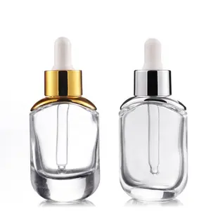 Garrafa de óleo essencial de 30ml, garrafa de vidro espesso quadrada, oval, plana, transparente, dourada e prateada, para cosméticos