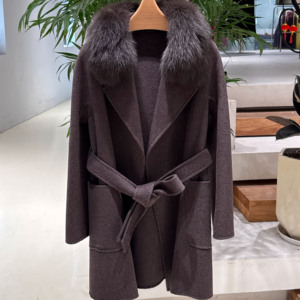 Nouvelle veste en laine double face pour femme, col en vraie fourrure de renard brun naturel, ceinture, poches, manteau <span class=keywords><strong>court</strong></span> en laine, vêtements d'extérieur - Product Image 2