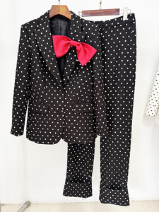MF Brand Polka Dots Blazer Suit para Red Bow Manga larga Mujer Conjunto de pantalón de dos piezas Abrigo con botones - Product Image 3