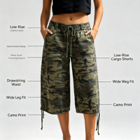 Shorts cargo en jean pour femme, imprimé camouflage corail, taille basse, coupe large et ample, pour l'été et la piscine