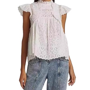 Blusa de Mujer Estilo Francés Vintage con Mangas Volantes, Tejida con Encaje y Cuello Alto para Verano - Product Image 1