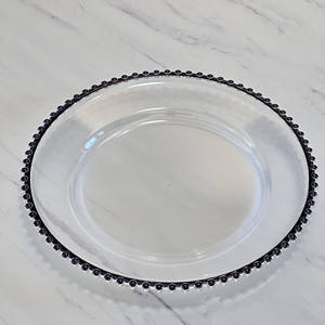 Vente flash Décoration <span class=keywords><strong>de</strong></span> mariage Assiette <span class=keywords><strong>de</strong></span> présentation ronde en plastique transparente <span class=keywords><strong>de</strong></span> 13 pouces <span class=keywords><strong>avec</strong></span> bord doré et perles dorées, argentées ou noires - Product Image 2